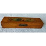 Ancien plumier d'ecolier en bois d�cor oiseau grue royale