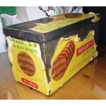 Ancienne boite en fer blanc & papier coll, publicitaire:galettes a la noix de coco du mans poigny fils ...