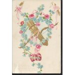 Arc, carcan et flèche entourée d'une couronne de roses et myosotis avec deux coeurs suspendus Arc, carcan et flèche entourée d'une couronne de roses et myosotis avec deux coeurs suspendus