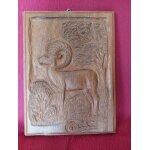 Bas relief gravure sur bois signee : animal, bouquetin (grav dans la masse)