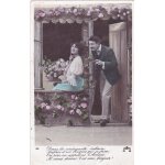 Carte ancienne couple dans la verdoyante cabane. . . . . . . . . . . . . . ; ;
