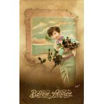 Carte postale ancienne, bonne anne, jeune garon en costume bleu, bouquets de fleurs