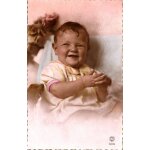 Carte postale ancienne, france, b�b� rigole sur sa chaise ( fond rose )