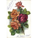 Carte postale ancienne, france, bonne f�te, bouquet de fleurs, roses, paillettes argent�es coll�es - ...