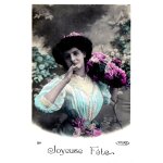 Carte postale ancienne, france, bonne fête, jeune femme en robe bleue, bouquet de fleurs Carte postale ancienne, france, bonne fête, jeune femme en robe bleue, bouquet de fleurs
