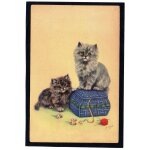 Carte postale ancienne, france, chatons, couture, pelotte de laine