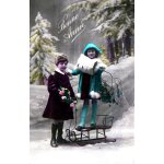 Carte postale ancienne, france, jeunes enfants dans la neige, luge, manchon de fourrure, gui