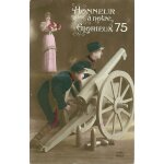 Carte postale ancienne, france, militaires, artilleurs, canon, obus, femme pensive ( honneur a notre ...