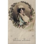 Carte postale ancienne, france, voeux, bonne anne, femme, bonnet, gerbe de fleurs