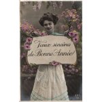 Carte postale ancienne, france, voeux, bonne anne, femme, fleurs - oblitration du 01 / 01 / 1909