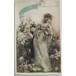Carte postale ancienne, france, voeux, bonne anne, jeune femme dans un jardin de fleurs