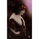 Carte postale ancienne, france, voeux, bonne ann�e en relief, femme, chapeau - texte du 29 / 12 / 1920 ...
