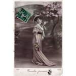 Carte postale ancienne, france, voeux, femme, arbres en fleurs, bouquet, jardin   tendre pense   - oblitrati ...