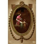 Carte postale ancienne, une mre et ses 2 filles en robes bleues et roses reprsentes dans un cadre