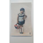 Carte postale ancienne petite fille et corbeille de fleurs