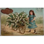 Carte postale ancienne en relief, voeux, petite fille avec une brouette de muguet, bonne anne