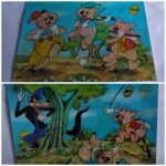 Carte postale lenticulaire 3d relief : les 3 petits cochons et le loup