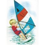 Carte postale moderne   brod�e   : petit gar�on blond sur sa planche a voile ( illustratrice : mary may ...
