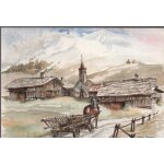 Carte postale theme peinture paysages - ref album bleu - aquarelle daniel lanoux - bientot les foins ...