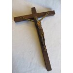 Crucifix christ bronze sur croix bois h 34 cm