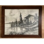Dessin au fusain  chalet au bord du lac  - 68, 5x53, 5 cm