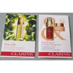 Emulsion l'or des plantes + double serum & extra - firming jour - produits clarins prsents sur cartonettes ...