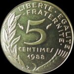France = pi�ce de 5 centimes de francs, type marianne , graveur lagriffoul et dieudonn�, ann�e 1988.