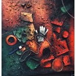 Grand tableau a huile avec incrustations.