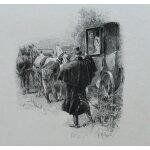 Gravure ancienne sign�e a robaudi - militaire et femme dans une cal�che - 35 x 26 cm