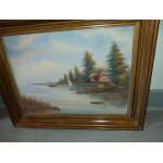 Huile sur toile littoral et petites embarcations sign� ambare ?