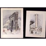 Lot de 2 cartes de voeux anciennes : dessin pastel fusain paris porte saint - denis et la concorde