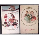Lot de 2 cartes de voeux bonne ann�es 20 : pauli ebner, enfants, luge. . .