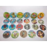 Lot de 23 pogs diverses collections (nestl�, p�re dodu, spider - bn, indiana jones, the mask, candia, ...