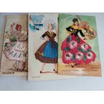 Lot de 3 cartes anciennes, ecrites : danseuses, andalousie, valence, matelote : robes en vritable tissu ...