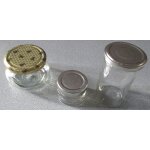 Lot de 3 pots en verre vides : 1 joliment galb� 7. 5cmx 5. 5cm, couvercle dor� avec des abeilles + 1 ...