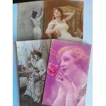 Lot de 4 cartes postales anciennes (2 ecrites et 2 neuves) : femme pin - up en tenue plus ou moins l�g�re, ...