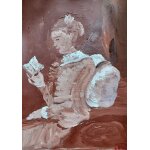 M. oeuvre originale. la liseuse d'apr�s fragonard. tableau peinture acrylique sur papier avec cadre. ...