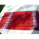 Nappe rouge en coton brodé vintage , année 50 / 60 - dimensions 134x121cm environ - motifs géométriques ... Nappe rouge en coton brodé vintage , année 50 / 60 - dimensions 134x121cm environ - motifs géométriques ...