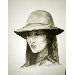 Original lavis encre de chine femme au chapeau