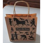 Petit sac papier publicitaire puy du fou - fond beige avec dessins noirs de personnages, animaux et train ...