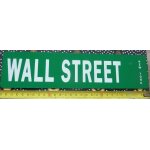 Plaque emaill�e en m�tal : wall street , new york, sous fond vert, 29 x 7 cms
