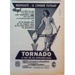 Publicite ancienne (mars 1957) pour l'aspirateur   tornado   avec une nouveaute : le sac a poussiere ...