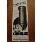 Publicité années 1930 l'eau chaude toujours prête cumulus Publicité années 1930 l'eau chaude toujours prête cumulus