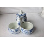 Service sel, poivre , moutarde porcelaine blanc et bleu