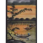 Sous - verre encadrement noir - peinture sur papier de riz - scènes de pêche Sous - verre encadrement noir - peinture sur papier de riz - scènes de pêche