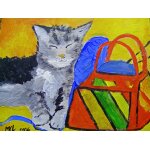 Tableau acrylique chat et pelote de laine / acrylicpainting cat / cotdrouot