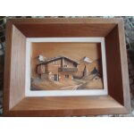Tableau sculpt en bois, paysage de montagne, chalet