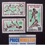 Tchad. . lot de 3 timbres jeux sportifs d' abidjan. 20f course de relais, 50f saut en hauteur & 100f ...