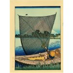 V�ritable estampe japonaise de hokusai  le fuji vu a travers le filet d'un p�cheur