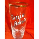 Verre a bire stella artois ancien 25 cl emaill blanc / noir , bords dors - fond epais crnel.